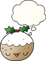 cute cartoon christmas pudding and thought bubble in smooth gradient style vector