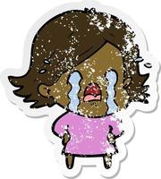 distressed sticker of a cartoon woman crying vector