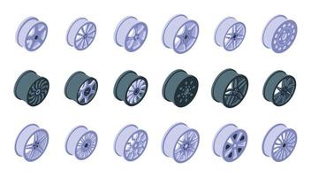 los iconos de las ruedas de aluminio establecen un vector isométrico. fábrica de automóviles