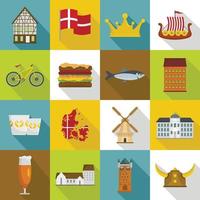Denmark travel icons set, flat style vector