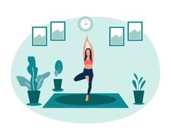 mujeres haciendo yoga en casa ilustración vector plantilla de diseño