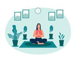 mujeres haciendo yoga en casa ilustración vector plantilla de diseño