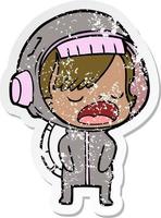 distressed sticker of a cartoon astronaut woman explaining vector