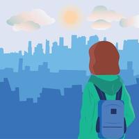 Girl schoolgirl with a backpack looks into the distance. Vector illustration. Childhood protection.