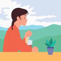 The girl drinks a drink at the table. Mountain landscape against the background of white clouds. vector