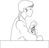 líneas en blanco y negro. la chica bebe una copa en la mesa. vector