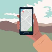 The hand holds a smartphone, maps,geolocation.Mountain landscape against the background of clouds. Vector color illustration.