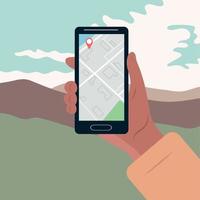 The hand holds a smartphone, maps,geolocation.Mountain landscape against the background of clouds. Vector color illustration.