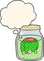 cartoon spooky brain in jar and thought bubble in comic book style vector