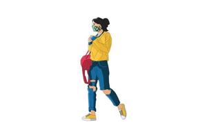 Vector illustration of casual women walking with mask