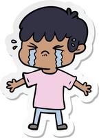 sticker of a cartoon boy crying vector