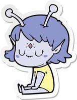 sticker of a cartoon alien girl sitting vector