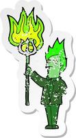 retro distressed sticker of a cartoon devil with pitchfork vector