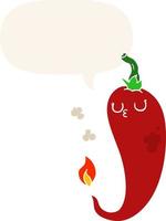 Cartoon hot chili pepper y bocadillo de diálogo en estilo retro vector