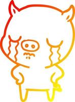 warm gradient line drawing cartoon pig crying with hands on hips vector