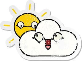 distressed sticker of a cute cartoon sunshine and cloud vector