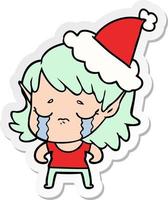 sticker cartoon of a crying elf girl wearing santa hat vector