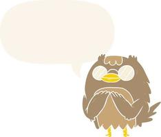 cute cartoon wise old owl and speech bubble in retro style vector