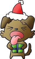 gradient cartoon of a dog with christmas present wearing santa hat vector