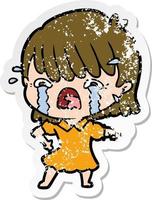 distressed sticker of a cartoon girl crying vector