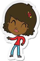 sticker of a cartoon happy woman pointing vector