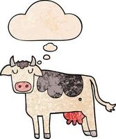 cartoon cow and thought bubble in grunge texture pattern style vector