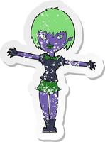 retro distressed sticker of a cartoon vampire girl vector