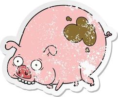 distressed sticker of a cartoon muddy pig vector