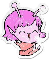 distressed sticker of a cartoon alien girl laughing vector