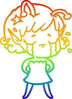 rainbow gradient line drawing cartoon crying alien girl vector