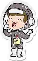 distressed sticker of a happy cartoon astronaut vector