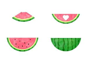 Collection of pink watermelons from different angles. Vector set of summer fruits. Use for posters, banners, posters, scrapbooking, stickers, decorations, covers.