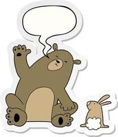 cartoon bear and rabbit friends and speech bubble sticker vector