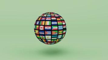 3d render Planet Earth globe with all country flag on light Green background photo