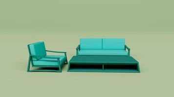 sala de estar sofá de color vikingo con representación 3d de mesa sobre fondo de color gumbo foto