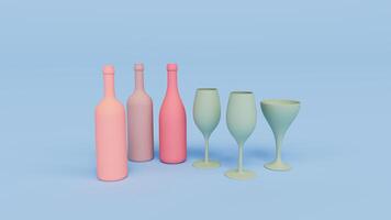 Botellas de vino y copas 3D Render ilustración con fondo foto