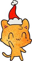 textured cartoon of a happy cat wearing santa hat vector