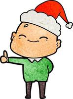 happy textured cartoon of a bald man wearing santa hat vector