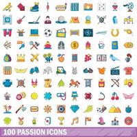 100 passion icons set, cartoon style vector