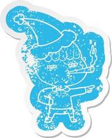 cartoon distressed sticker of a man smoking wearing santa hat vector