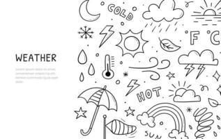 Doodle set of weather theme items. Horizontal banner template. Contains vector sign of the sun, clouds, snowflakes, wind, rain, moon, lightning and more isolated on white background.