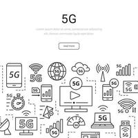 Set of linear 5G technology elements. New mobile network, high speed connection. Minimalist vector infographic. Illustration for banner.