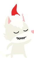 friendly flat color illustration of a wolf wearing santa hat vector