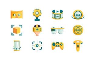 conjunto de iconos planos tecnología de 360 grados con color amarillo y verde vector