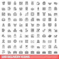 100 conjunto de iconos de entrega, estilo de esquema vector