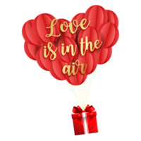 Love is in the air Red heart shaped balloons with gift box png