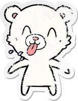 distressed sticker of a rude cartoon polar bear sticking out tongue vector