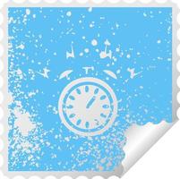 distressed square peeling sticker symbol ringing alarm clock vector