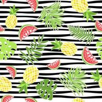 Seamless pattern  with tropical leaves, watermelon and pineapple. vector