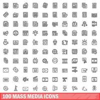 100 mass media icons set, outline style vector